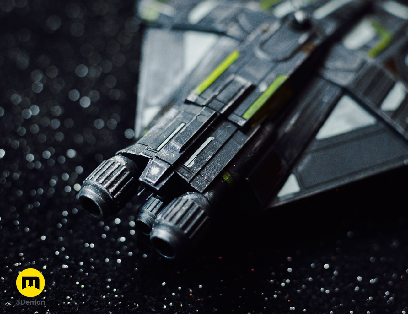 Close-up of VCX-100 Light Fighter Hera’s ship 3D print, black dual-pronged connector detail.