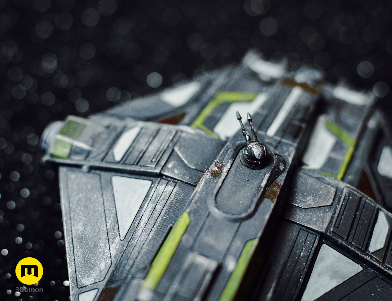 Close-up of VCX-100 Light Fighter STL, grey and green textured cockpit with detailed prongs.