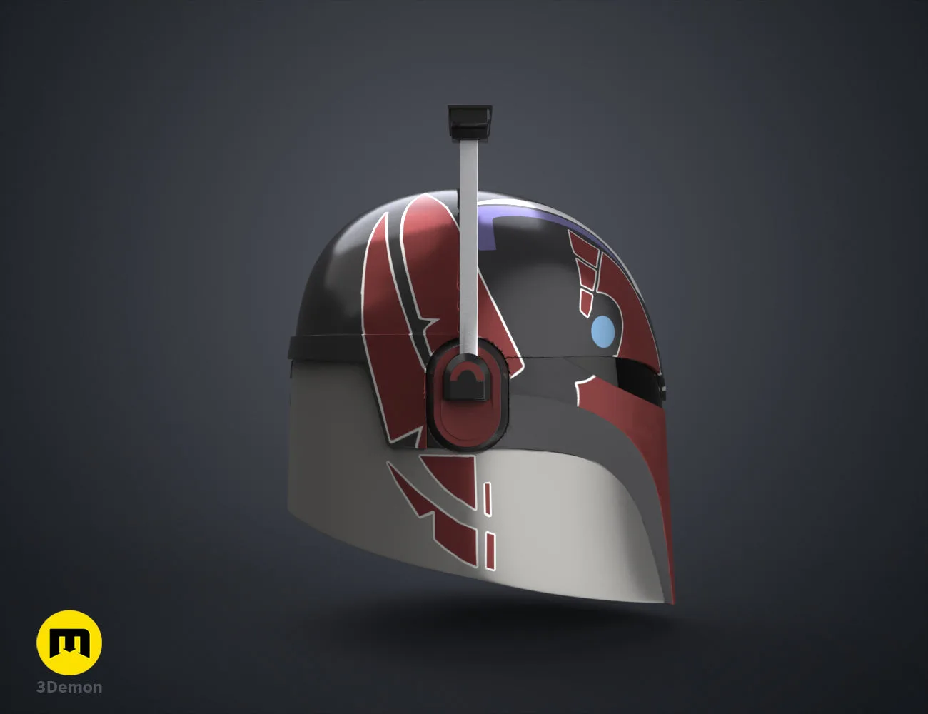 Digital 3D render of Ahsoka Sabine Wren’s Helmet STL, red/black/grey cosplay prop with visor.