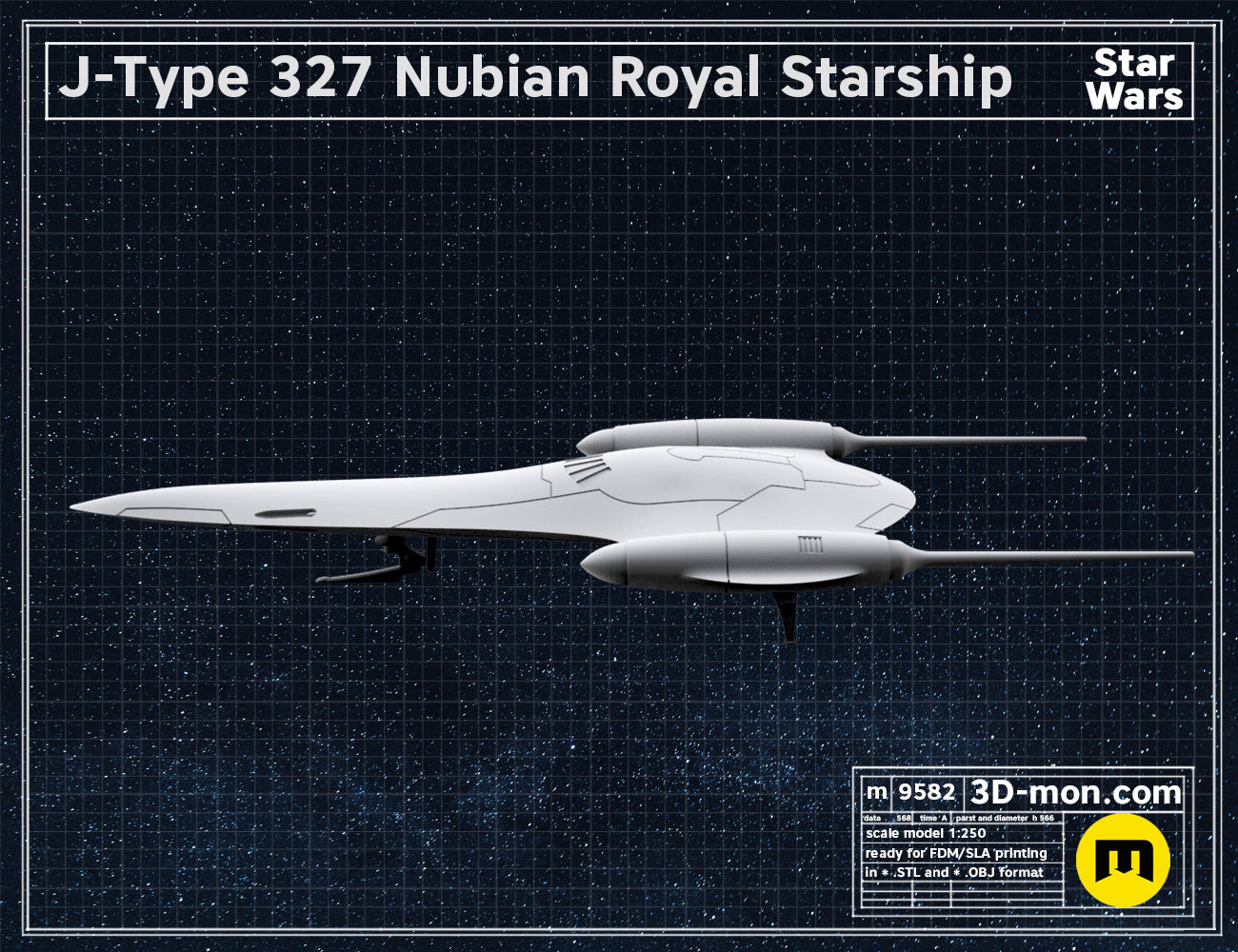 Digital 3D render of J-Type 327 Nubian Royal Starship STL, sleek grey starship with twin engines.