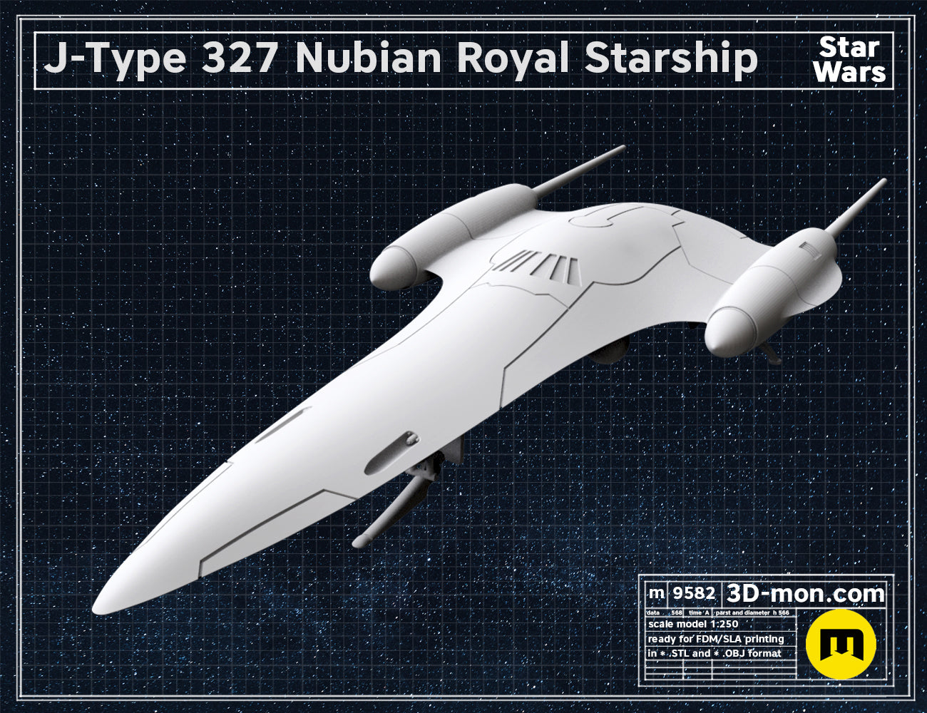 Digital 3D render of J-Type 327 Nubian Royal Starship STL, sleek white starship with twin engines.