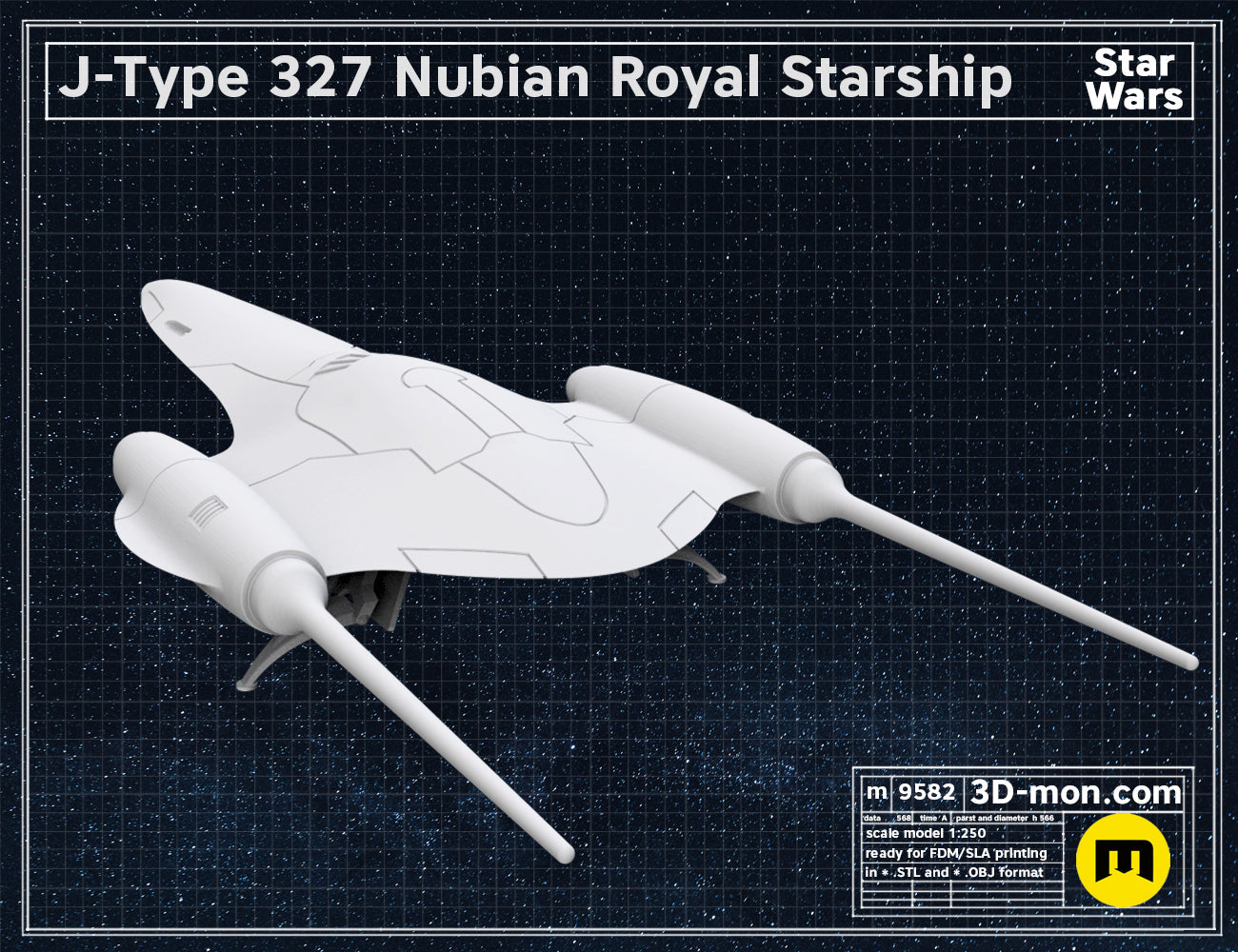 Digital 3D render of J-Type 327 Nubian Royal Starship STL, sleek white starship with dual prongs.