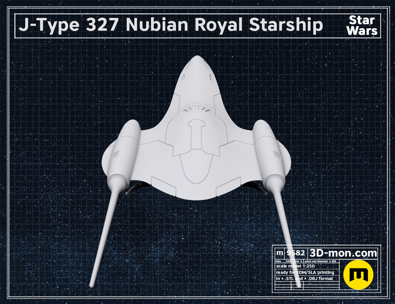 Digital 3D render of J-Type 327 Nubian Royal Starship STL, white 3D print, twin prongs.