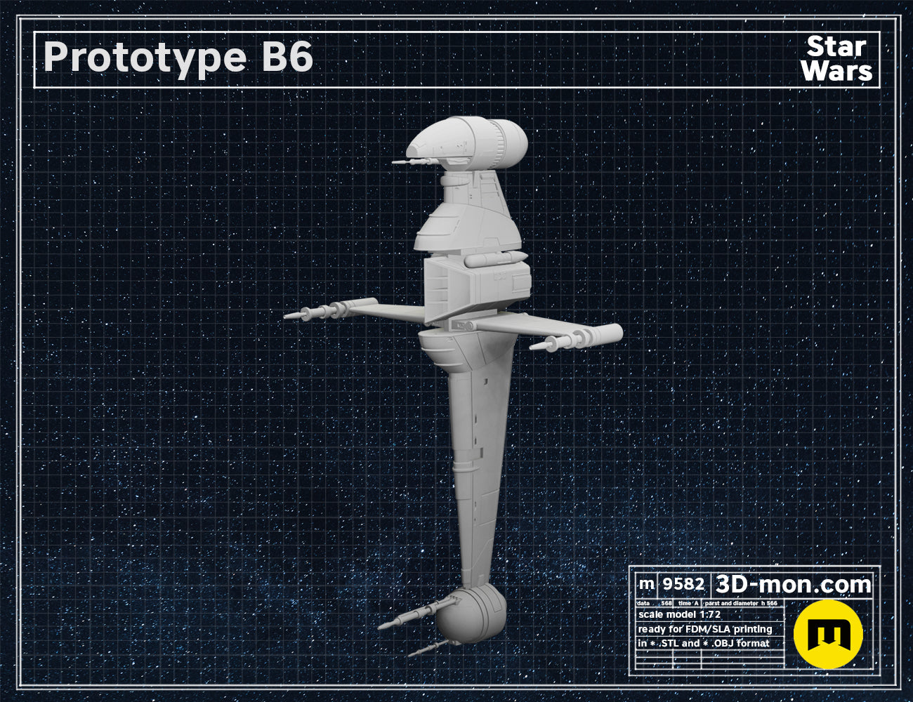 Digital 3D render of Prototype B6 Star Wars 3D print, grey four-pronged lightsaber base.
