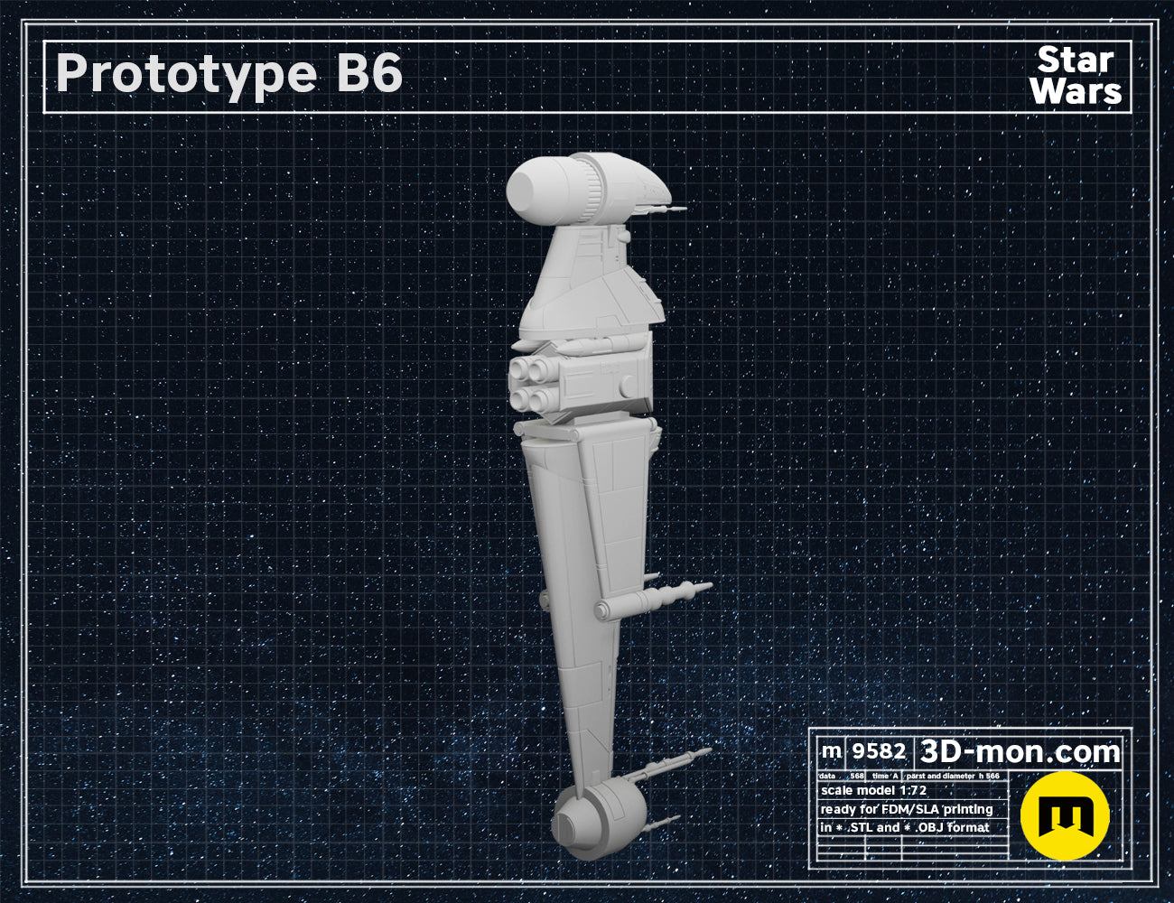 Digital 3D render of Prototype B6 Star Wars STL, grey spaceship with landing struts.