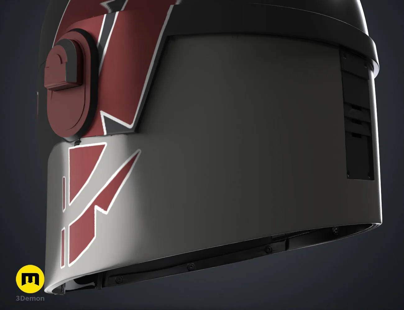 Digital 3D render of Sabine Wren's Helmet - Ahsoka STL, black with red lightning accents, sleek futuristic design.