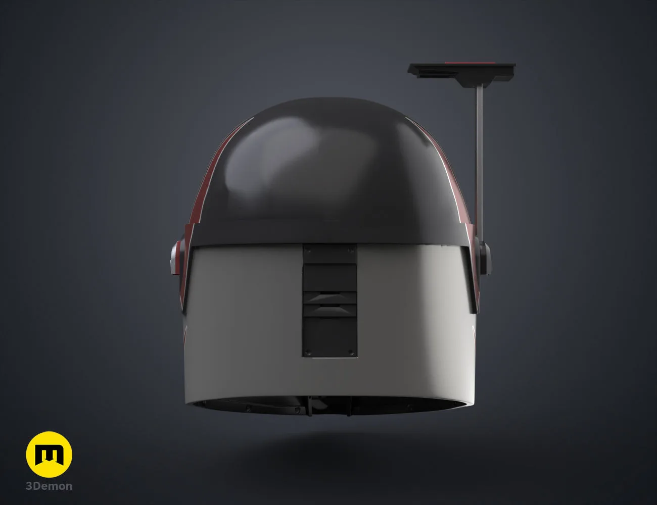 Digital 3D render of Sabine Wren’s Helmet - Ahsoka STL, sleek grey dome with red accents, single-part cosplay prop.
