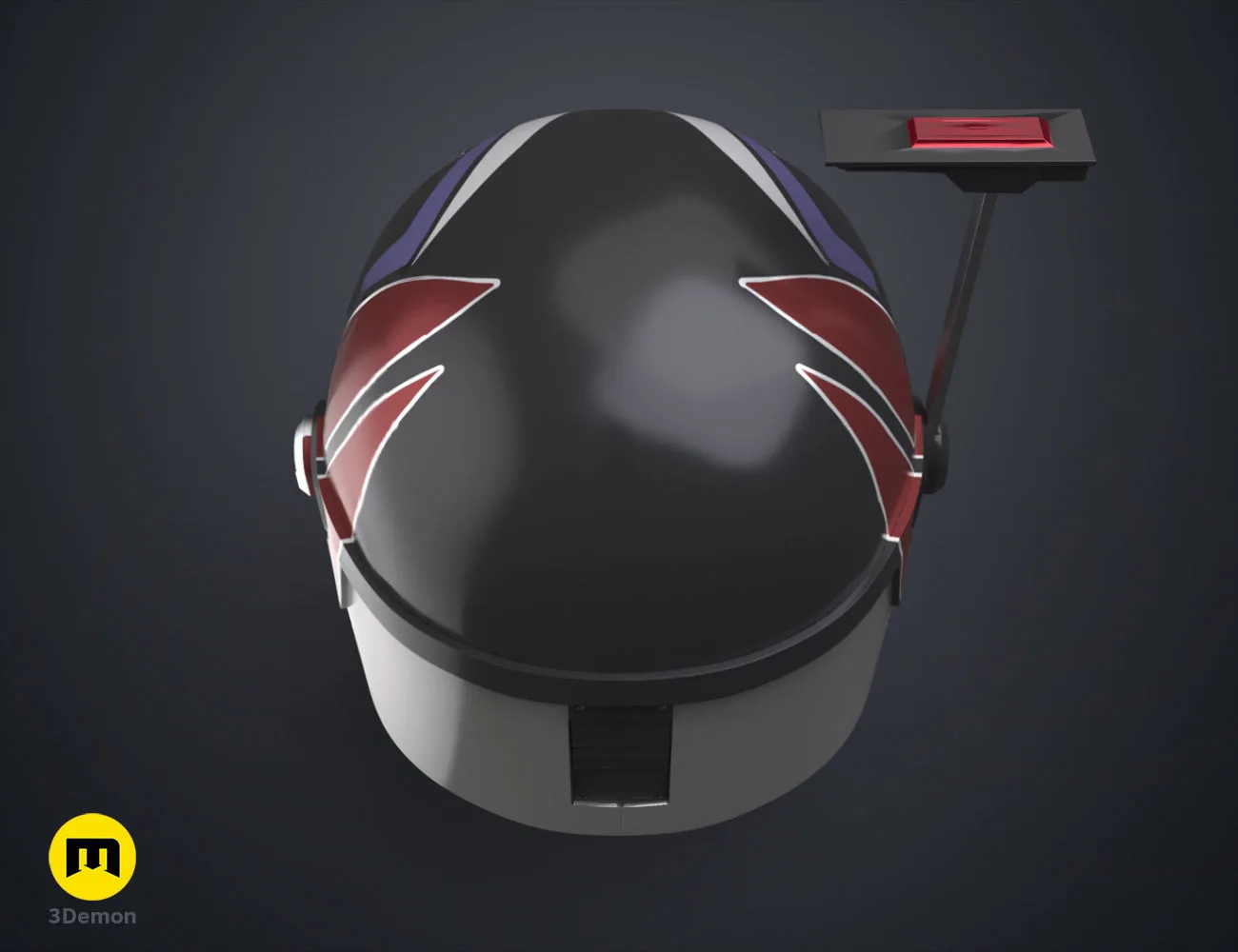 Digital 3D render of Sabine Wren’s Helmet STL, grey with red/blue prongs, Ahsoka cosplay prop.