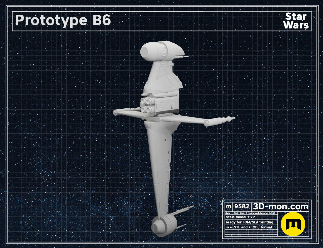 Digital 3D render of Star Wars Prototype B6 STL, grey 4-pronged battle droid model.