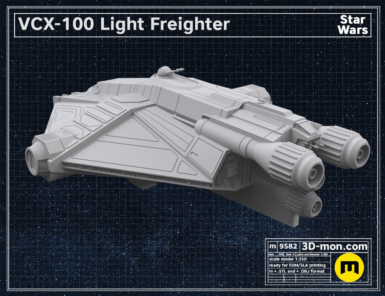 Digital 3D render of VCX-100 Light Freighter STL, grey Star Wars ship with twin engines, 3D print.