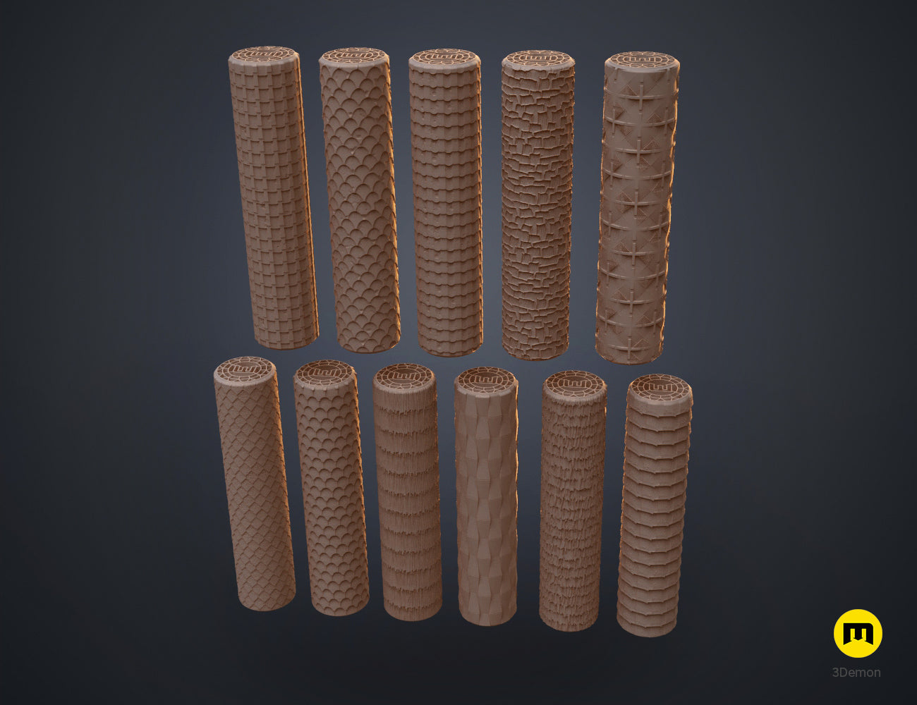 Textured 3D render of DnD terrain rollers - Roofs and Coverings, 10 brown textured cylindrical parts.
