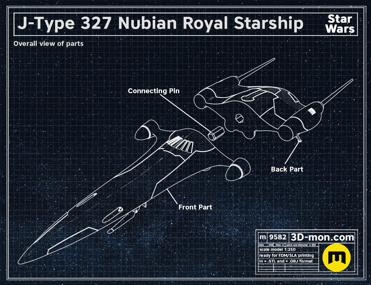 Exploded view of J-Type 327 Nubian Royal Starship STL, 3-part assembly with connecting pin.