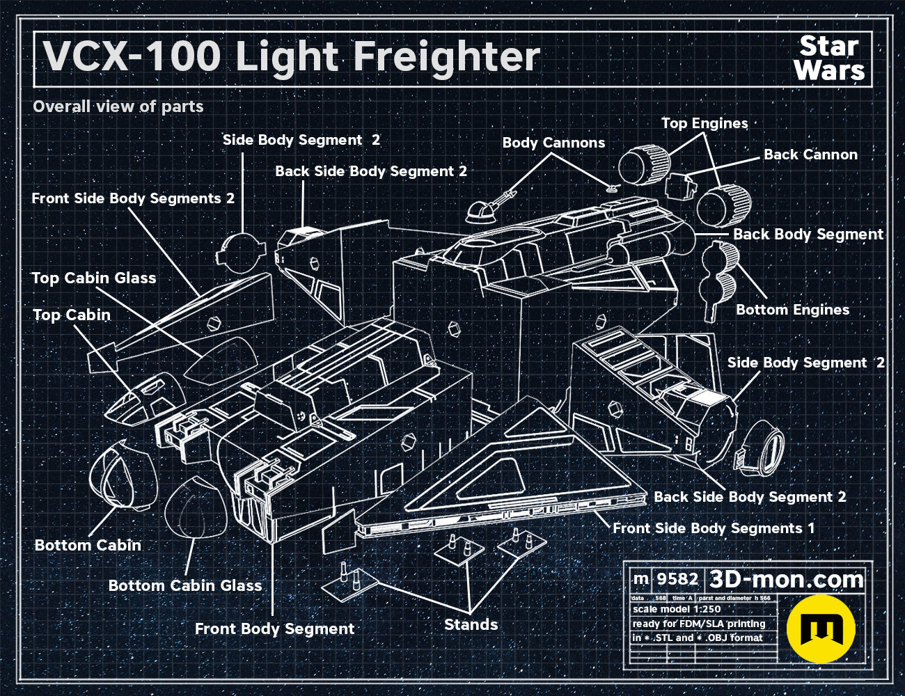Exploded view of VCX-100 Light Freighter STL, 20 labeled parts for Star Wars 3D print.