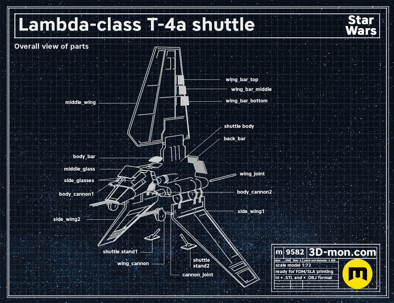Exploded view of Lambda-class T-4a shuttle STL, labeled parts, 17-piece assembly guide for 3D print.