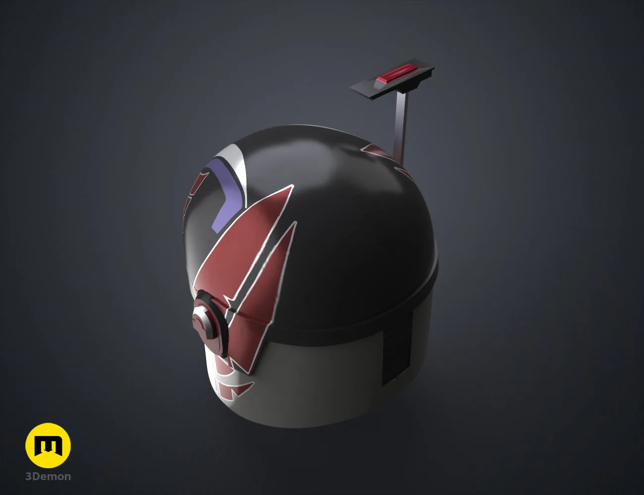 Painted 3D render of Ahsoka Sabine Wren’s Helmet STL, black with red/white prongs, 3D print cosplay prop.