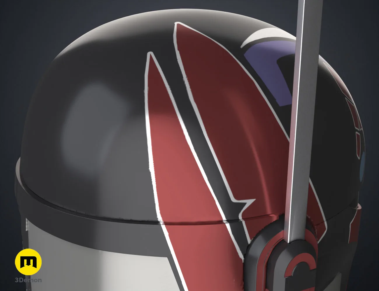 Painted 3D render of Sabine Wren’s Helmet STL, red and black visor with white accents, cosplay prop.