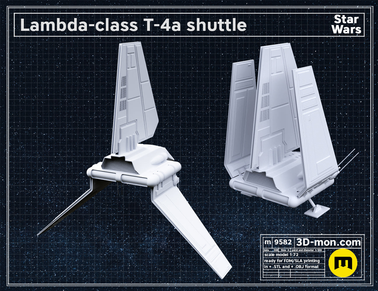 Printable 3D model of Lambda-class T-4a shuttle, white dual-hull shuttle, 3D print ready.