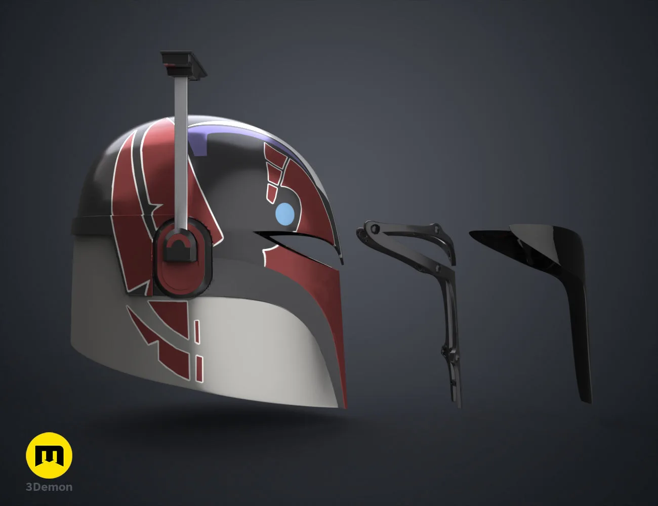 Printable 3D model of Sabine Wren's Helmet - Ahsoka, red/white visor, black chin strap, 3D print.