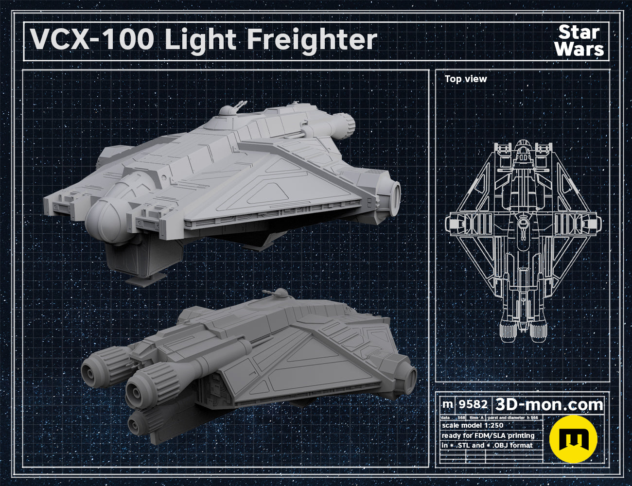 Printable 3D model of VCX-100 Light Freighter, grey Star Wars freighter with dual engines, 1:250 scale STL.
