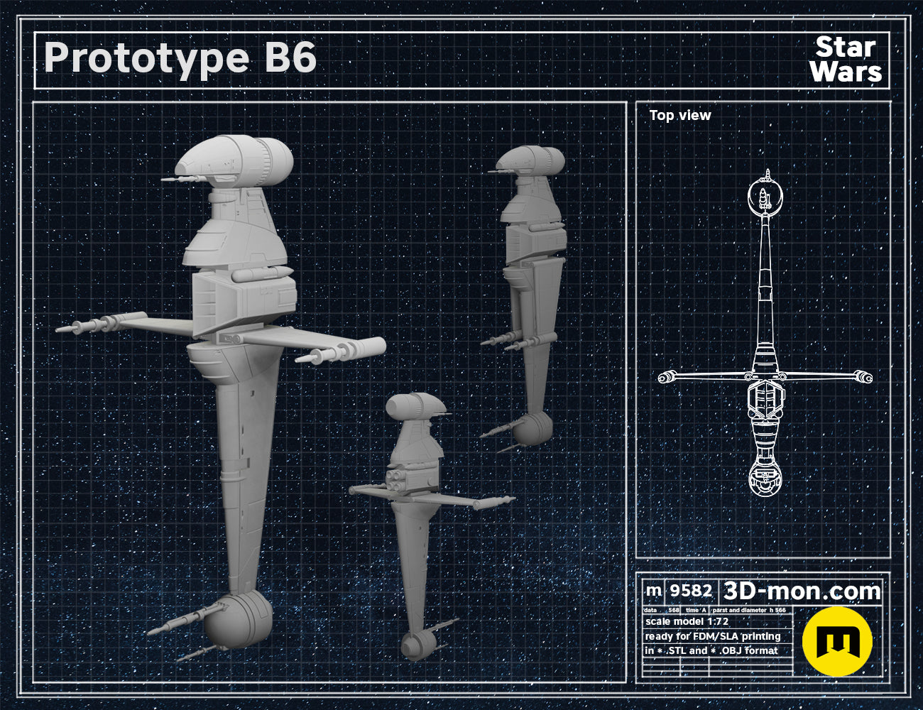 3D model render of Prototype B6 Star Wars 3D print, grey mech with four limbs, ready for STL printing.