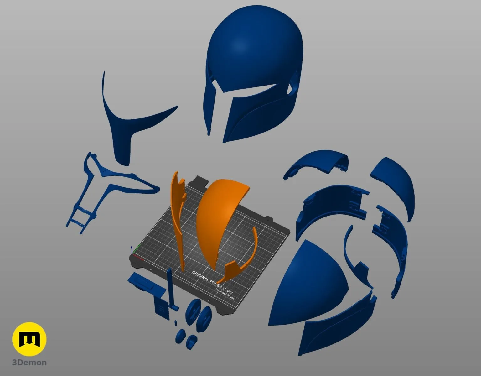 Disassembled parts of Sabine Wren’s Helmet STL, 3D printed blue cosplay helmet with 10+ pieces.