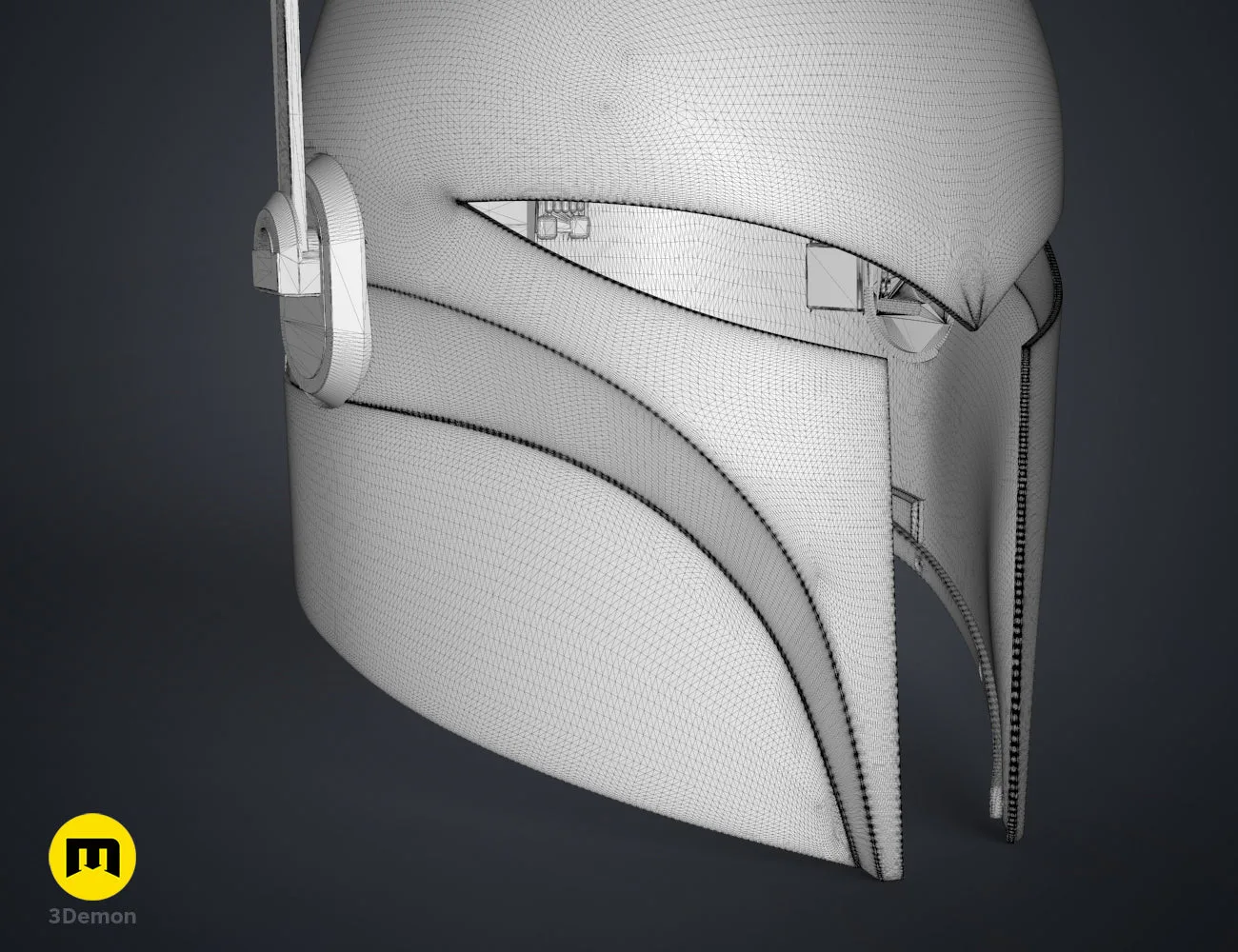 Wireframe mesh render of Sabine Wren's Helmet - Ahsoka STL, grey mesh with zipper and chin strap.