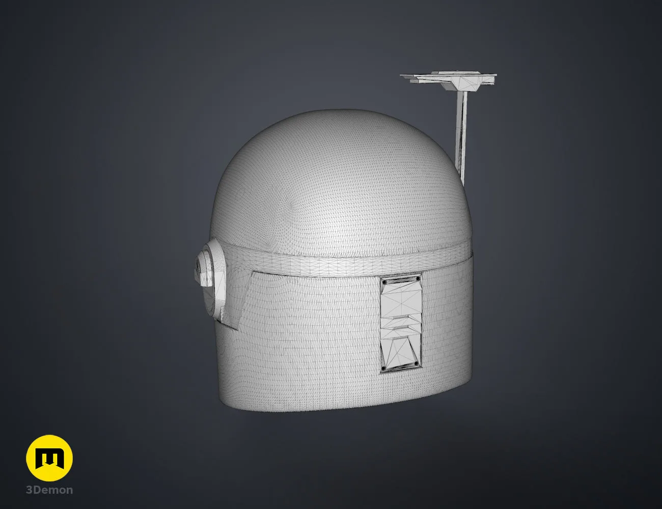 Wireframe mesh render of Sabine Wren's Helmet - Ahsoka STL, grey mesh with vent and antenna.