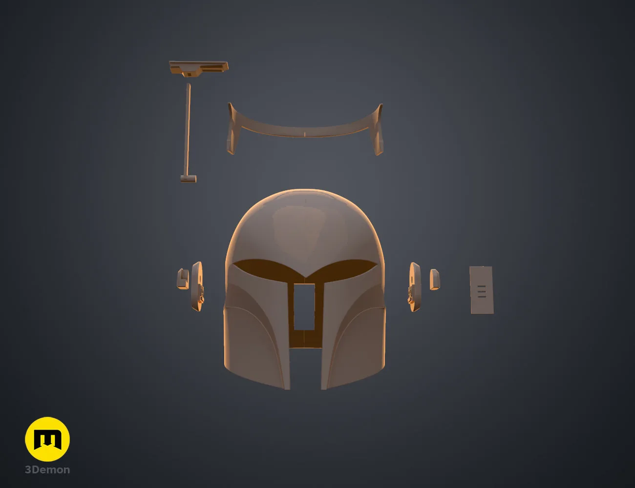 Disassembled parts of Sabine Wren’s Helmet STL, 3D printed cosplay with 7 pieces, brown and gold.