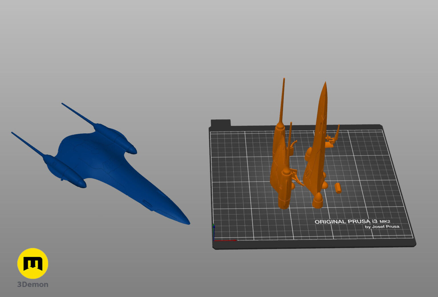 Slicer screenshot of J-Type 327 Nubian Royal Starship STL, blue/orange parts on Prusa i3 MK2 bed