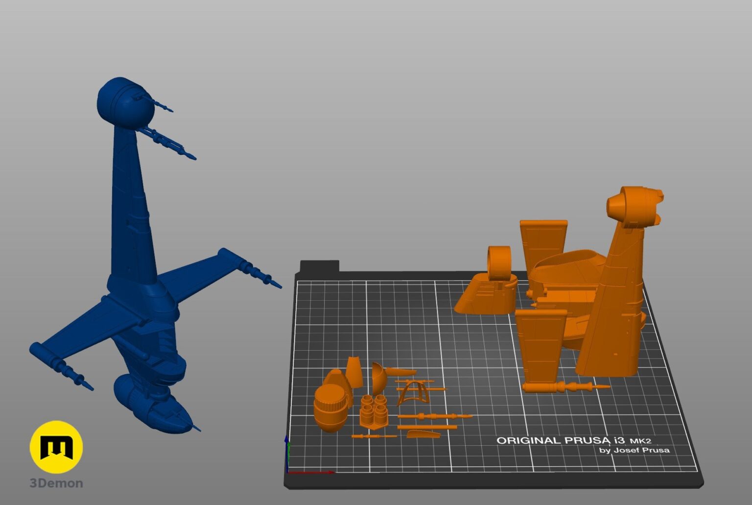 Slicer screenshot of Prototype B6 STL, blue and orange parts on Original Prusa i3 MK2 bed.