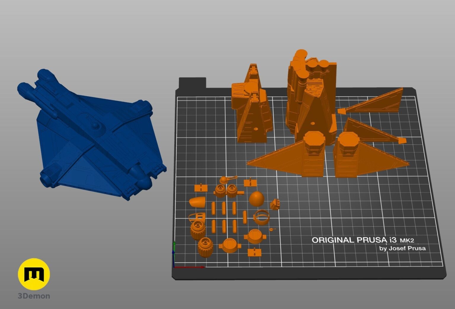 Slicer screenshot of VCX-100 Light Fighter STL, blue and orange parts on Prusa i3 MK2 bed