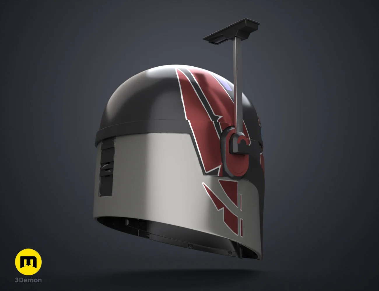 Textured 3D render of Ahsoka Sabine Wren’s Helmet STL, black and red with metallic accents, 3D print cosplay prop.