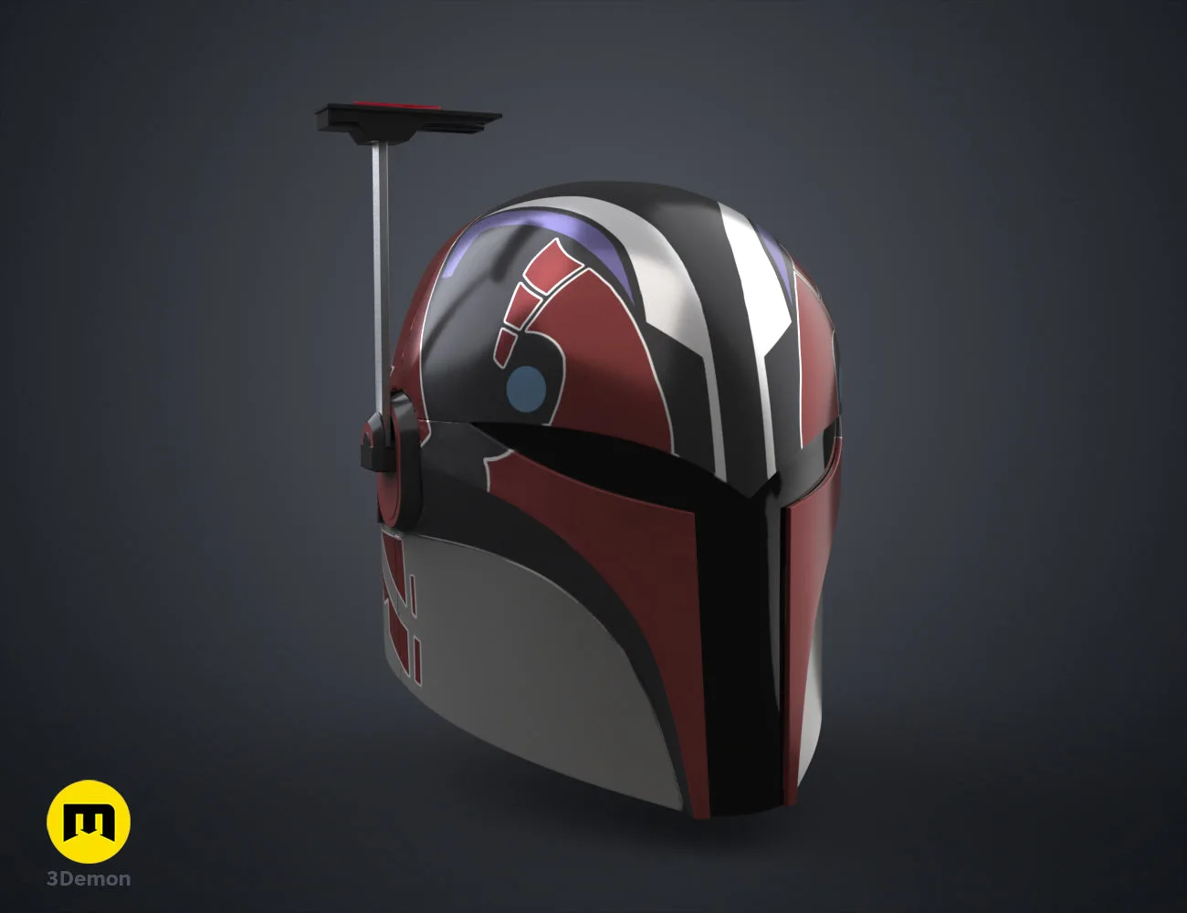 Textured 3D render of Sabine Wren’s Helmet - Ahsoka STL, red/black/white cosplay prop with antenna.