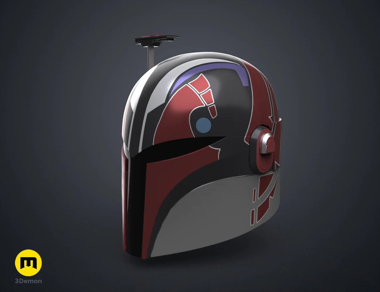 Textured 3D render of Sabine Wren’s Helmet STL, red/black Ahsoka cosplay prop with blue visor.