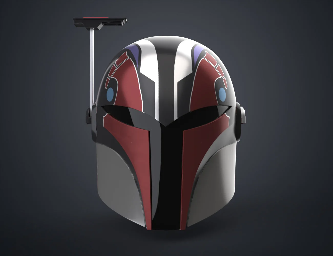 Textured 3D render of Sabine Wren’s Helmet STL, red/black Ahsoka cosplay prop with antenna.