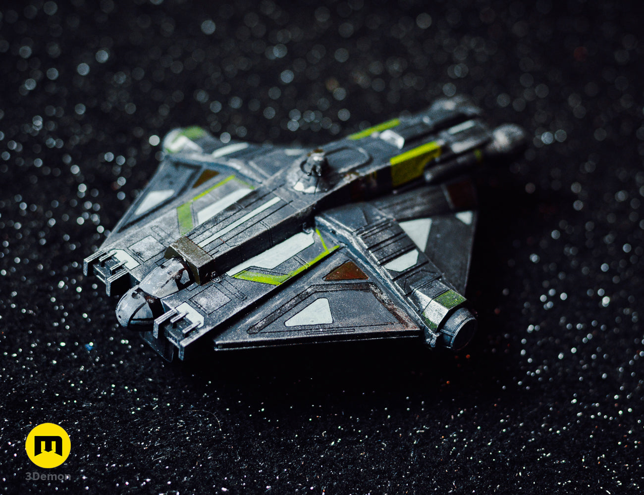 Textured 3D render of VCX-100 Light Fighter STL, sleek black/green Hera’s ship, dual-winged fighter.