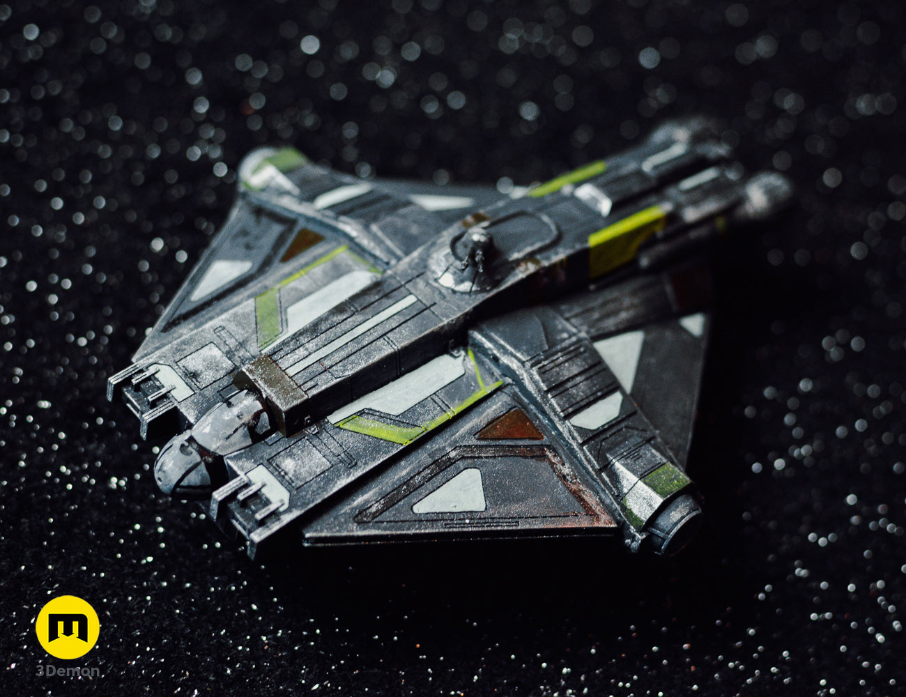 Textured 3D render of VCX-100 Light Fighter STL, sleek black/green Hera’s ship, dual-winged design.
