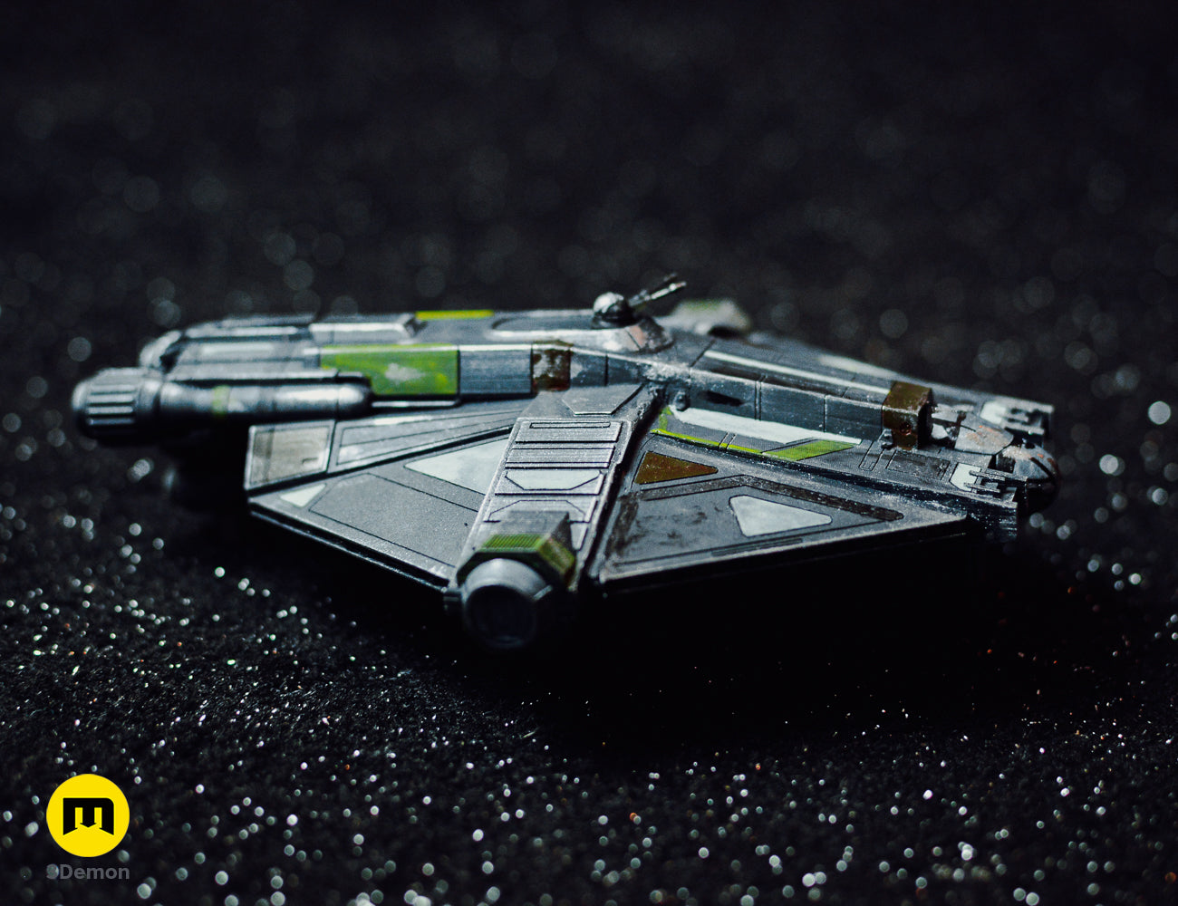 Textured 3D render of VCX-100 Light Fighter STL, sleek grey Hera’s ship with green accents.