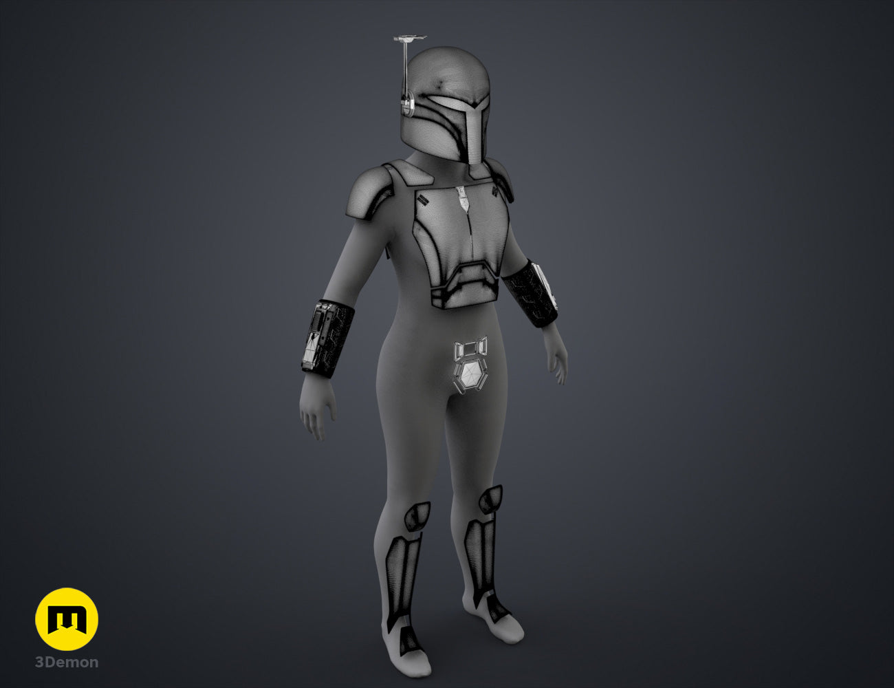 3D model render of Sabine Wren Cosplay Set – Ahsoka, grey futuristic armor with wrist accents.