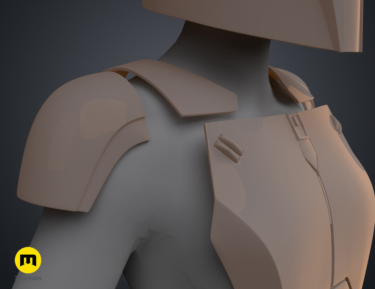 3D model render of Sabine Wren Cosplay Set – Ahsoka, grey shoulder armor with segmented chest plate.