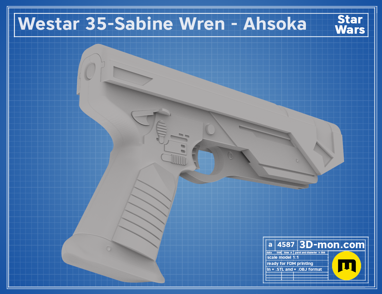 3D model render of Sabine Wren Westar-35 pistol STL, grey smooth blaster with textured grip.