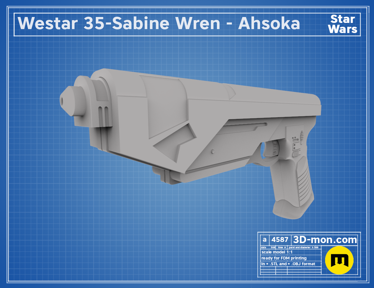 3D model render of Westar-35 Sabine Wren blaster, Ahsoka’s white 3D printable blaster with grip.