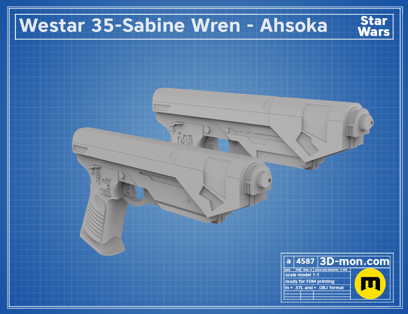 3D model render of Westar-35 Sabine Wren blaster STL, Ahsoka’s grey dual-barrel blaster, printable.