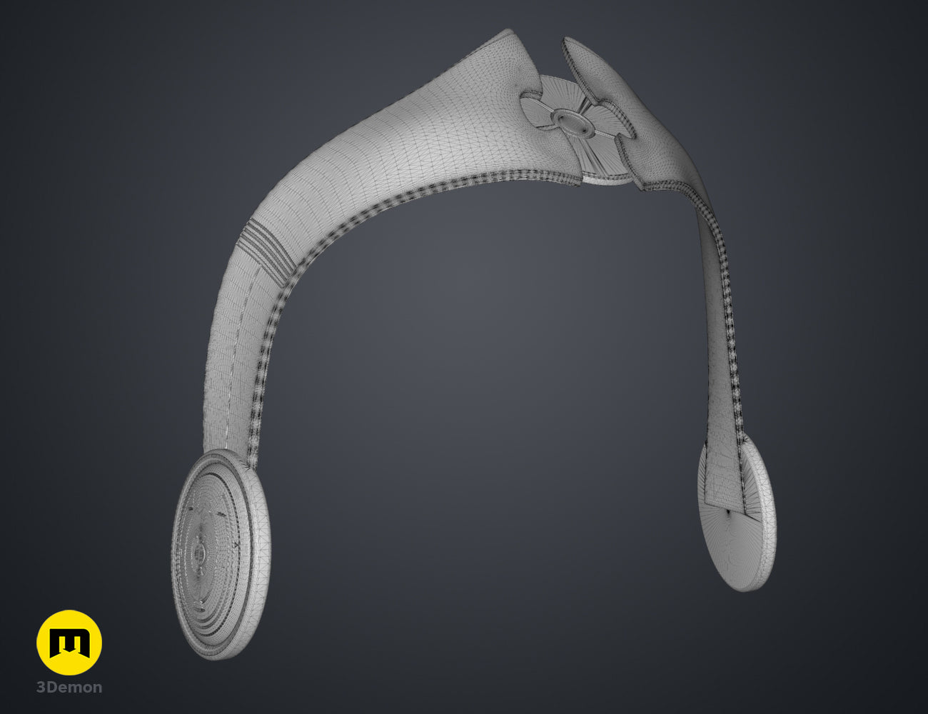 Wireframe mesh render of Ahsoka Tano white robe tiara STL, grey mesh with floral headpiece.