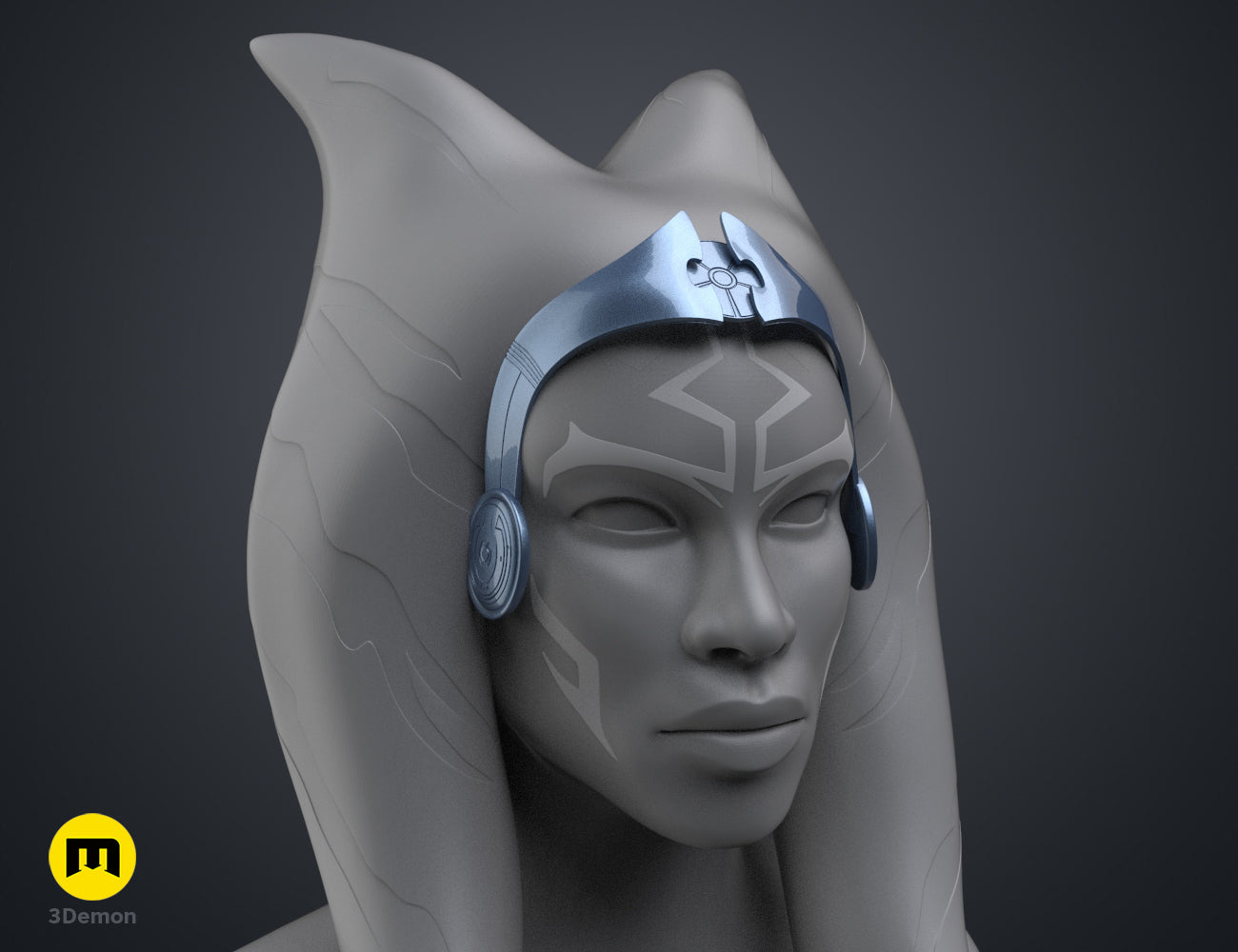3D model render of Ahsoka Tano white robe tiara, silver headpiece with ear prongs, cosplay STL