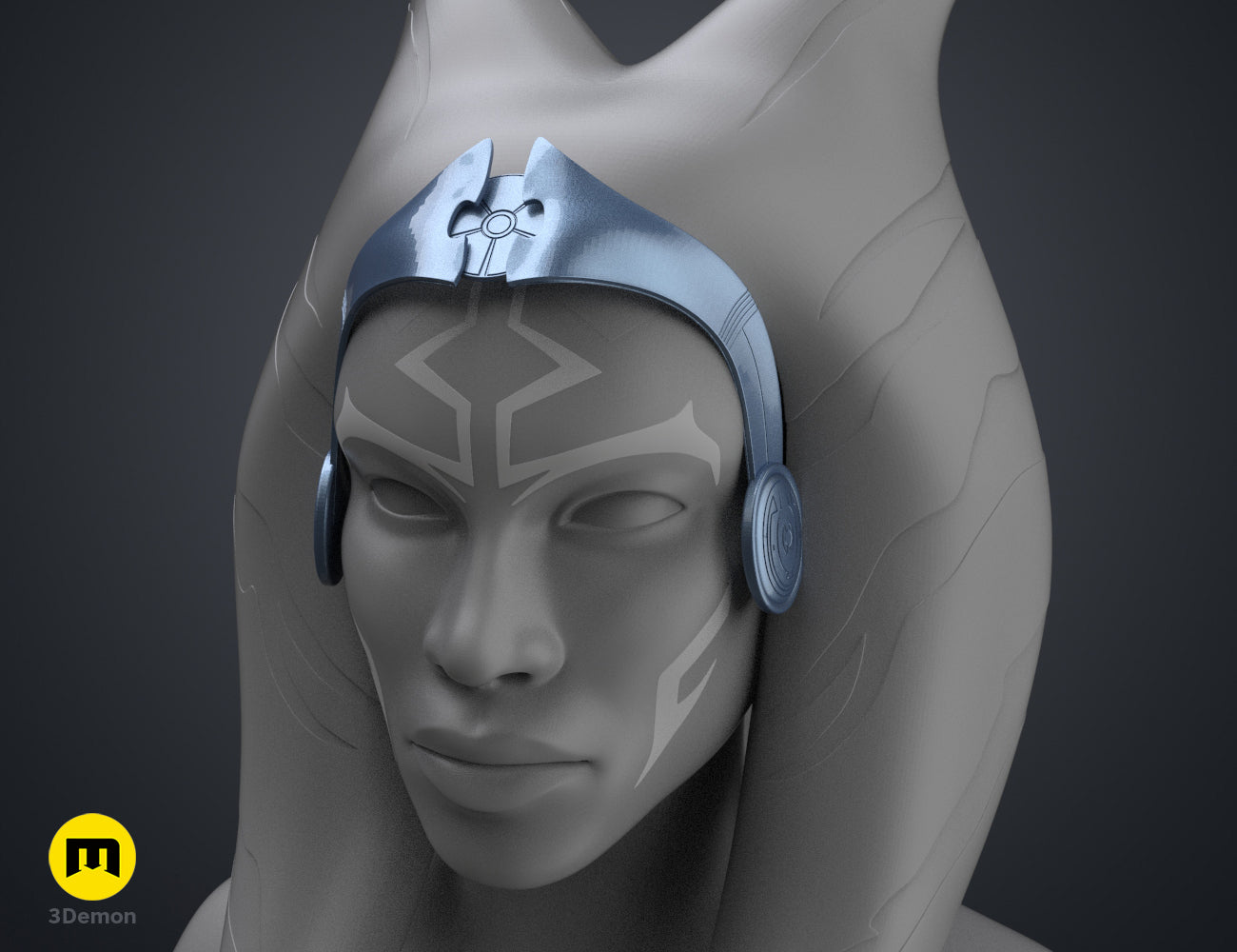 Digital 3D render of Ahsoka Tano white robe tiara STL, silver headpiece with geometric design.