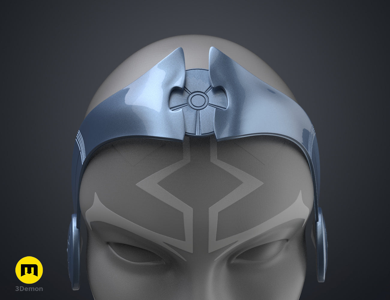 3D model render of Ahsoka Tano white robe tiara, silver metallic headpiece with star emblem, 3D print cosplay prop.