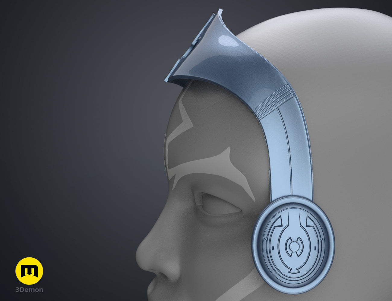 Digital 3D render of Ahsoka Tano white robe tiara, silver headpiece with circular emblem.