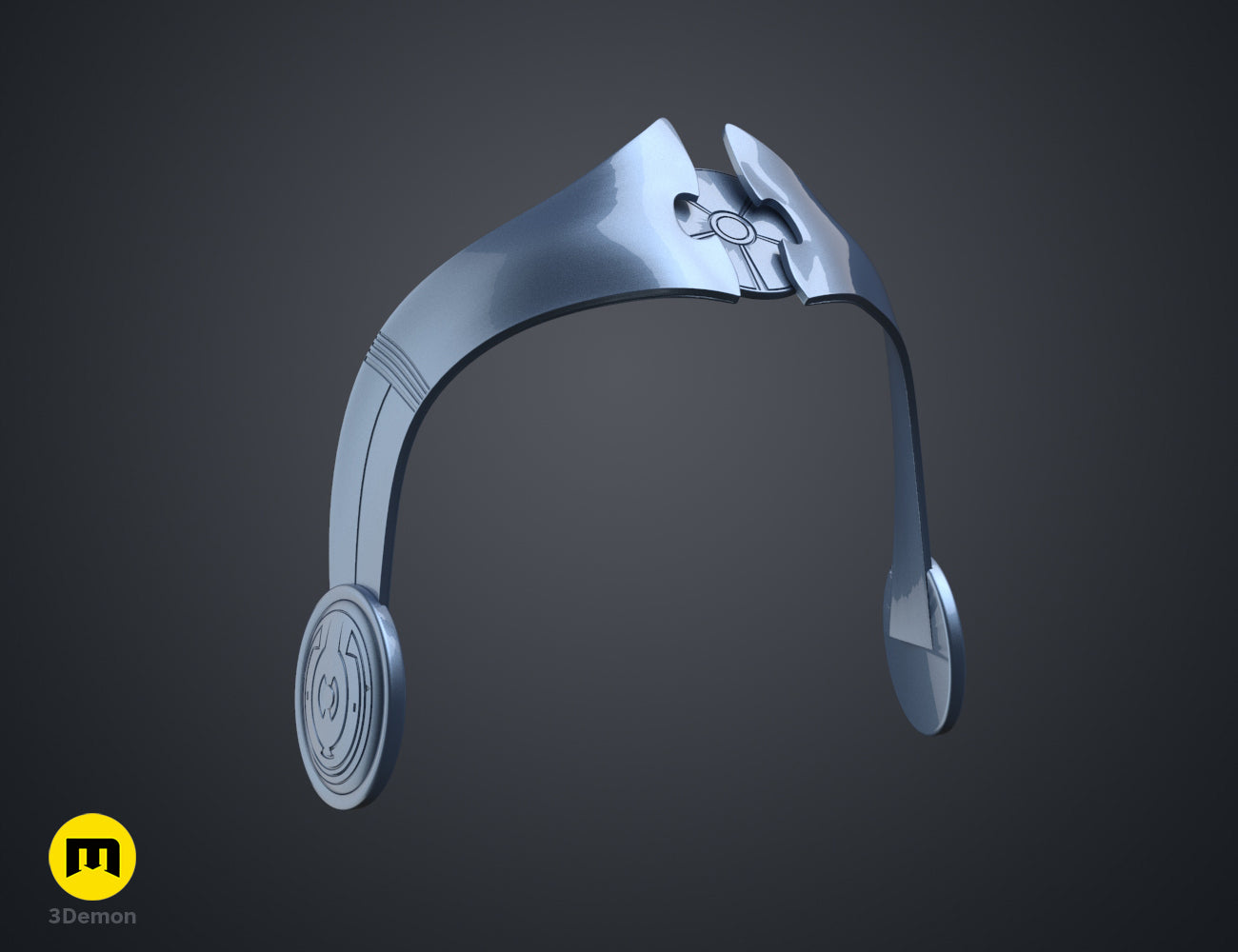 Printable 3D model of Ahsoka Tano white robe tiara, silver headpiece with circular ear pads.