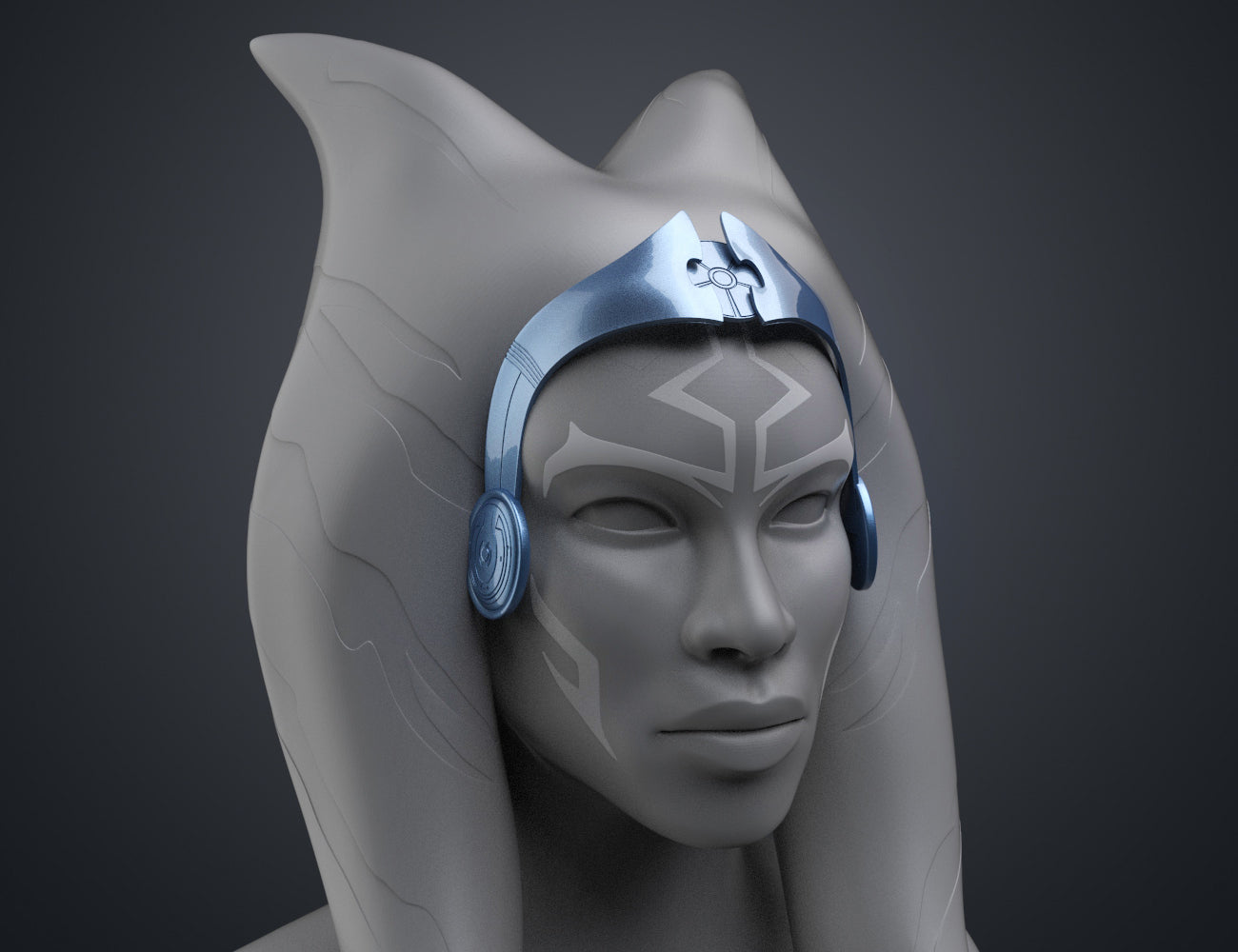 Digital 3D render of Ahsoka Tano white robe tiara, silver headpiece with ear prongs, 3D print cosplay prop.